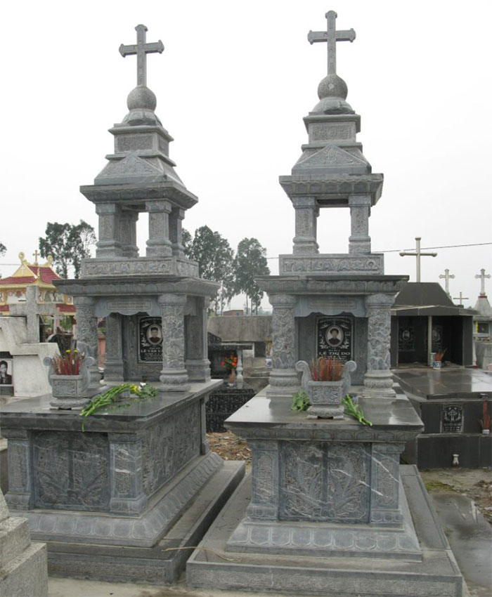 Mẫu mộ đá công giáo đôi với thiết kế 3 mái độc đáo