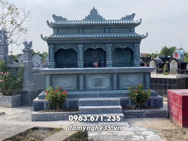 Đá Mỹ Nghệ 35 - Xây Lăng Mộ đá, Mộ đá Ninh Bình 89 Mẫu Mộ đá 3 người 2 mái đẹp (Mộ chung 3 người), đá xanh rêu Thanh Hóa