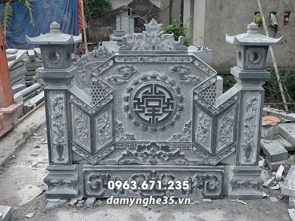 Bình Phong đá xanh đen dạng Vuông phong thủy cho Nhà thờ tổ