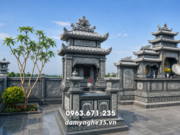 Đá Mỹ Nghệ 35 - Xây Lăng Mộ đá, Mộ đá Ninh Bình 65 Mẫu Mộ đá đôi 2 mái Đá xanh Rêu Thanh Hóa Tỷ Lệ Cân Đối, Chuẩn Phong Thủy