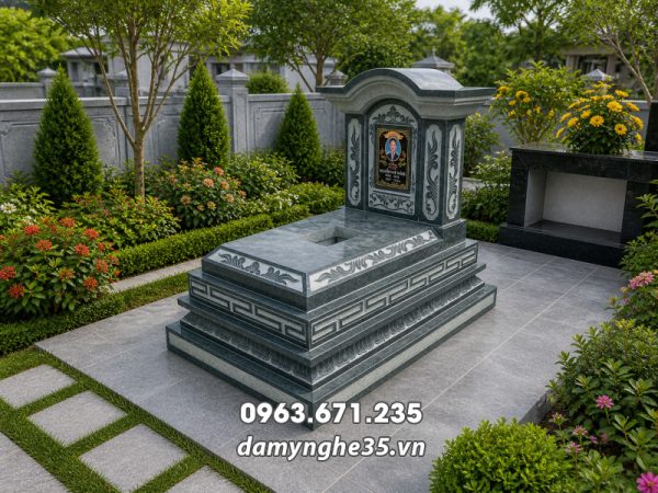 Mẫu Mộ đá mái cong đá xanh rêu - Mộ đá tam cấp nguyên khối